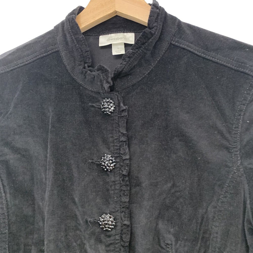Dressbarn Black  Corduroy Ruffle Trim‎ Jacket Woman Small Beaded  Buttons Casual